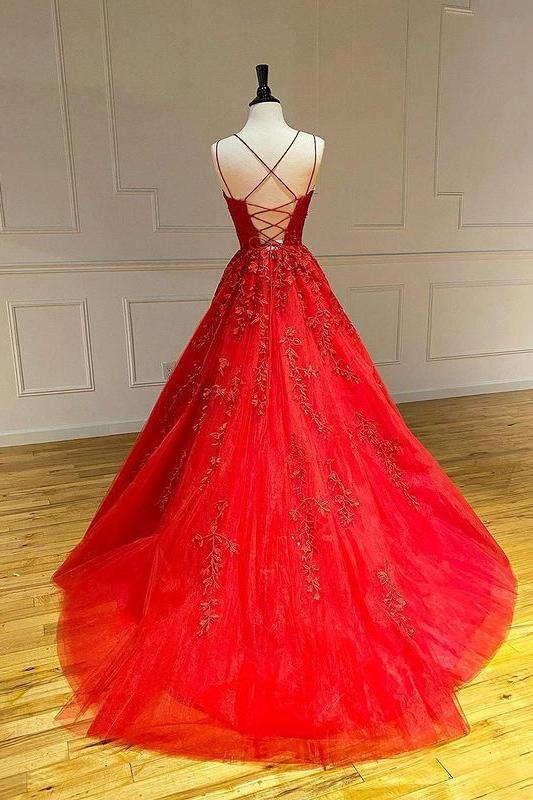 Spaghetti Straps Floral Lace Aline Evening Gown Sleeveless Prom Party Gowns - Image 3