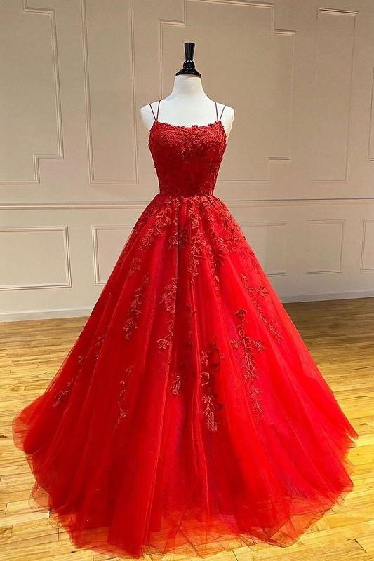 Spaghetti Straps Floral Lace Aline Evening Gown Sleeveless Prom Party Gowns - Image 4