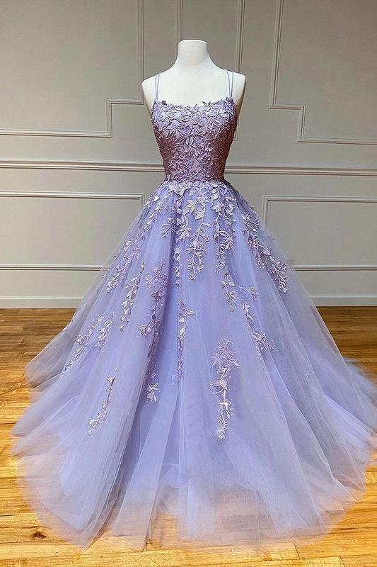 Spaghetti Straps Floral Lace Aline Evening Gown Sleeveless Prom Party Gowns - Image 5