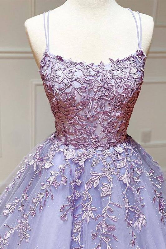 Spaghetti Straps Floral Lace Aline Evening Gown Sleeveless Prom Party Gowns - Image 6