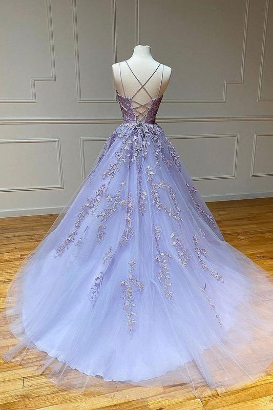 Spaghetti Straps Floral Lace Aline Evening Gown Sleeveless Prom Party Gowns - Image 7