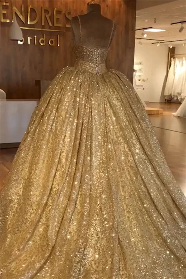 Spaghetti Straps Gold Beaded Lace Evening Dress Luxurious Ball Gown Princess Open Back Prom Party Gowns - Image 2