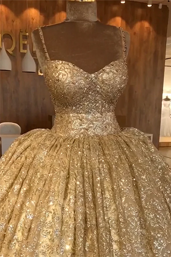 Spaghetti Straps Gold Beaded Lace Evening Dress Luxurious Ball Gown Princess Open Back Prom Party Gowns - Image 3