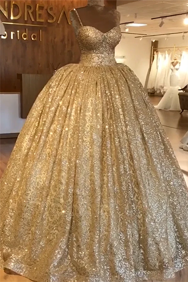 Spaghetti Straps Gold Beaded Lace Evening Dress Luxurious Ball Gown Princess Open Back Prom Party Gowns - Image 4