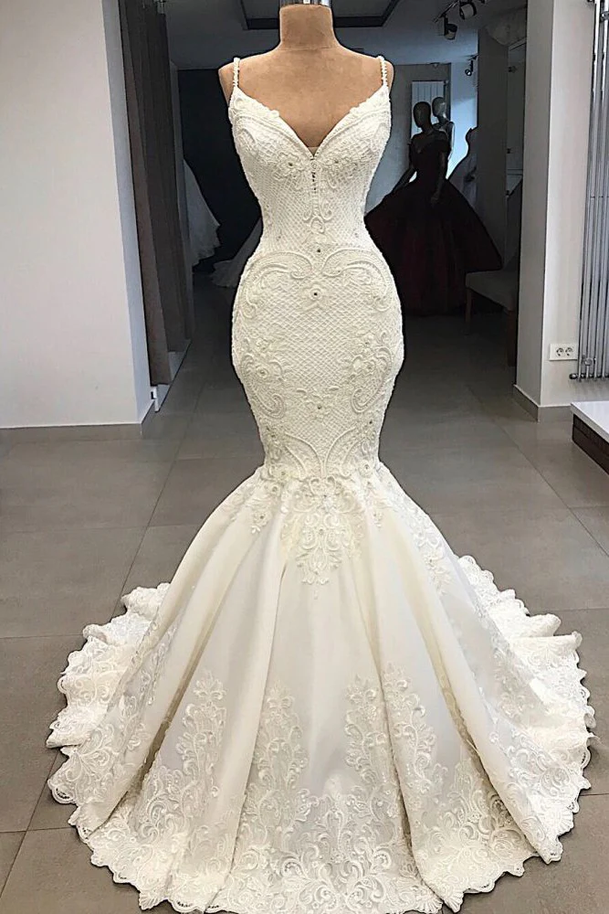 Spaghetti Straps Lace Fit and Flare Wedding Dresses Overskirt Appliques Detachable Satin Backless Bridal Gowns - Image 4