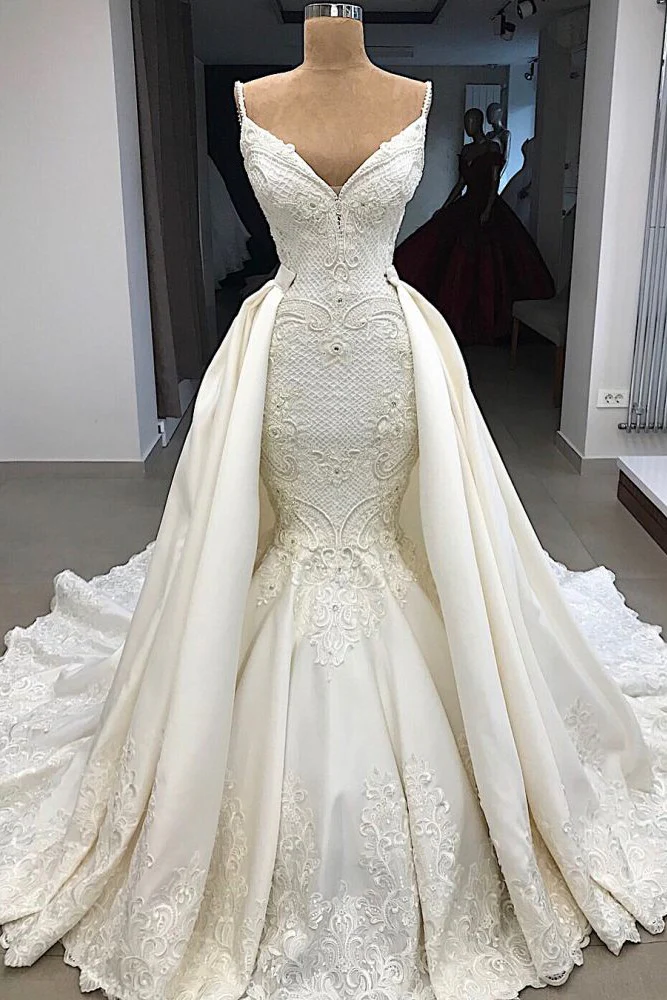 Spaghetti Straps Lace Fit and Flare Wedding Dresses Overskirt Appliques Detachable Satin Backless Bridal Gowns - Image 5