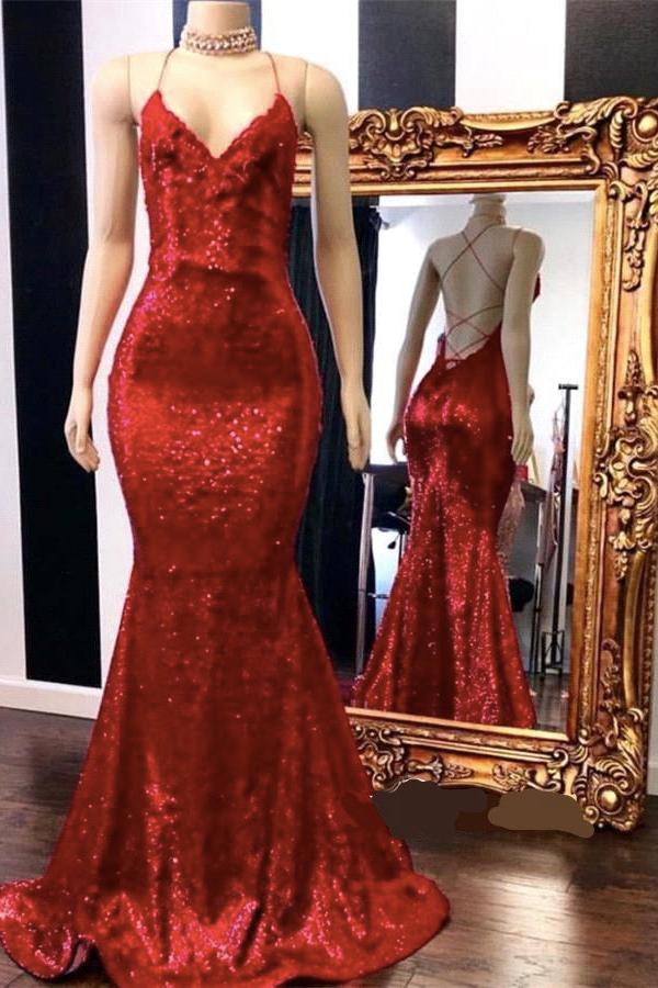 Spaghetti Straps Lace-up Red Sequins V-neck Mermaid Prom Dresses - Image 2
