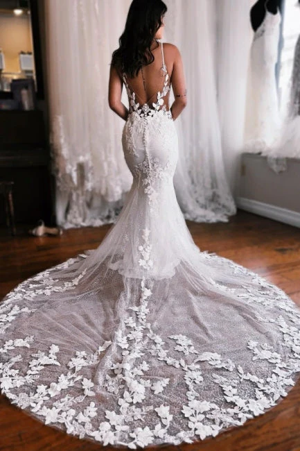 Spaghetti Straps Mermaid Floor Length Lace Wedding Dresses with Chapel Train - Image 2