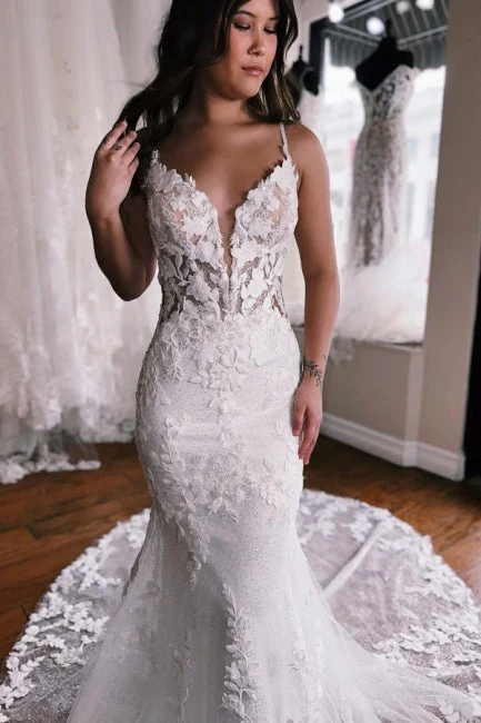 Spaghetti Straps Mermaid Floor Length Lace Wedding Dresses with Chapel Train - Image 3
