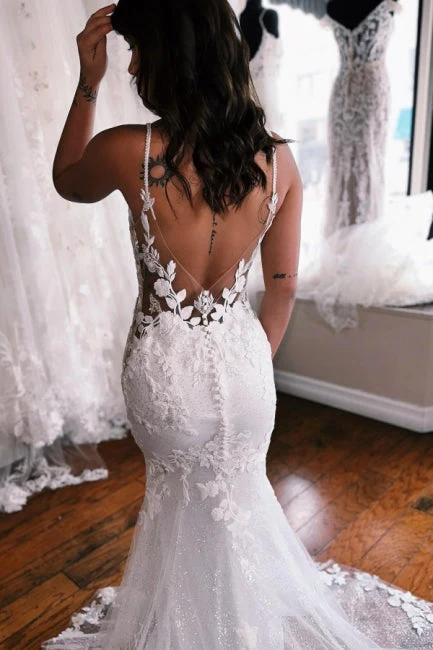 Spaghetti Straps Mermaid Floor Length Lace Wedding Dresses with Chapel Train - Image 4