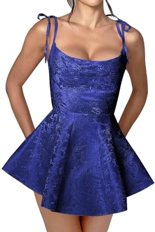 Spaghetti Straps Satin Mini Party Dress Jacquard Sleeveless Homecoming Dress - Image 13