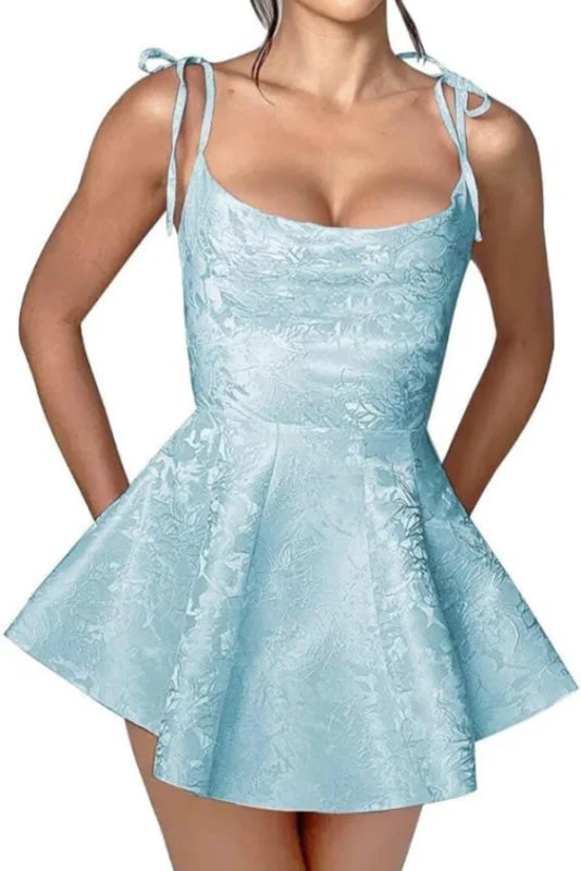 Spaghetti Straps Satin Mini Party Dress Jacquard Sleeveless Homecoming Dress - Image 14