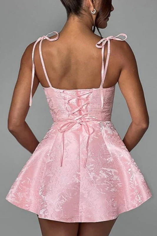 Spaghetti Straps Satin Mini Party Dress Jacquard Sleeveless Homecoming Dress - Image 2