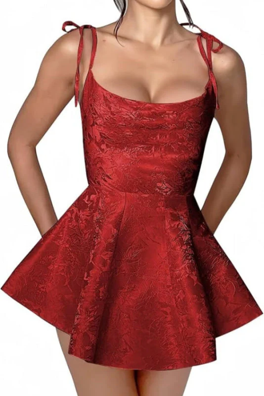 Spaghetti Straps Satin Mini Party Dress Jacquard Sleeveless Homecoming Dress - Image 6