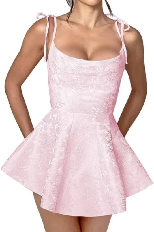 Spaghetti Straps Satin Mini Party Dress Jacquard Sleeveless Homecoming Dress - Image 8