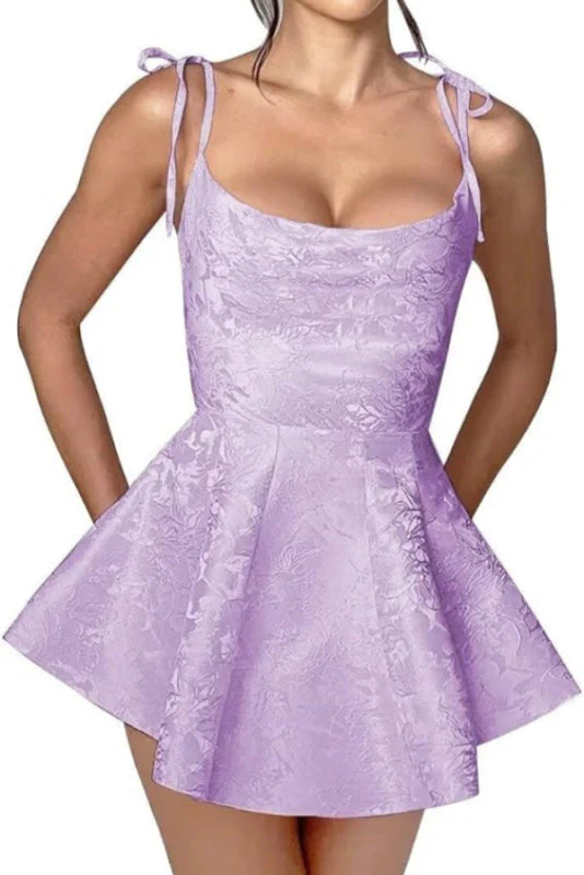 Spaghetti Straps Satin Mini Party Dress Jacquard Sleeveless Homecoming Dress - Image 9
