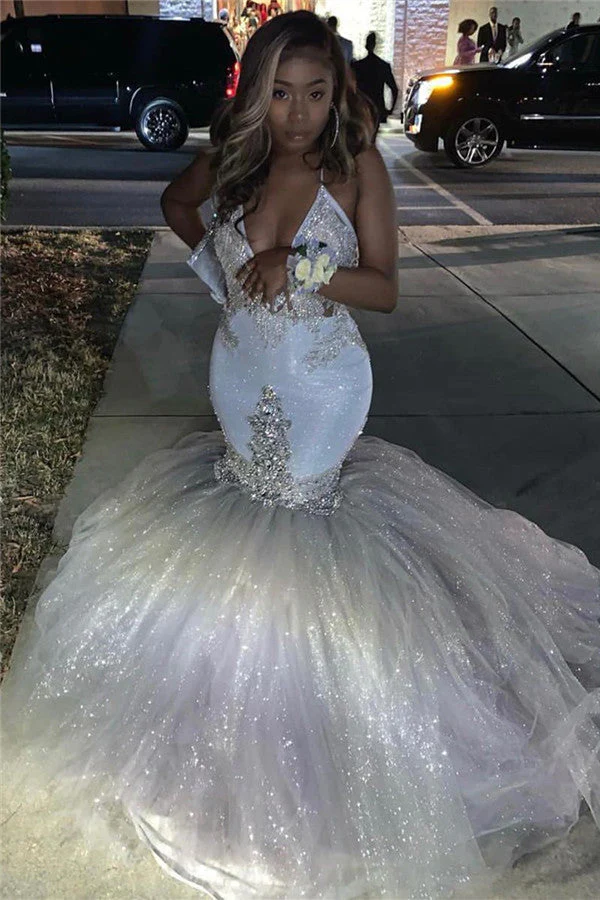 Spaghetti Straps Silver Sparkling Sequins Beads Appliques Mermaid Chic Prom Dress - Image 2