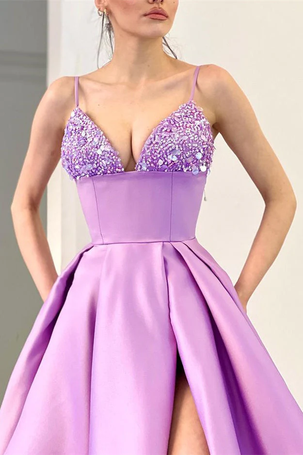 Lilac Spaghetti-Straps Sleeveless Prom Dress Split Long With Sequins - Image 3
