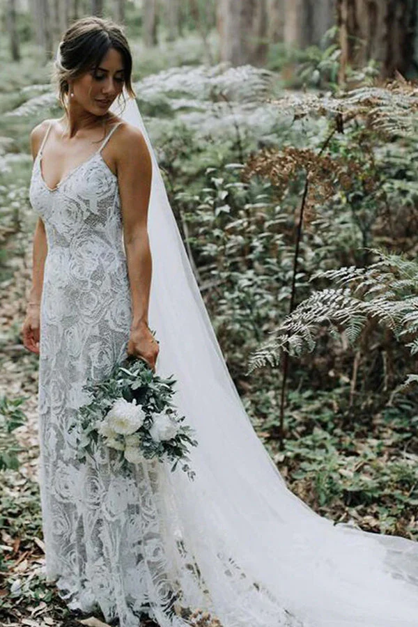 Spaghetti Straps White Floral Lace Simple Wedding Dress - Image 2