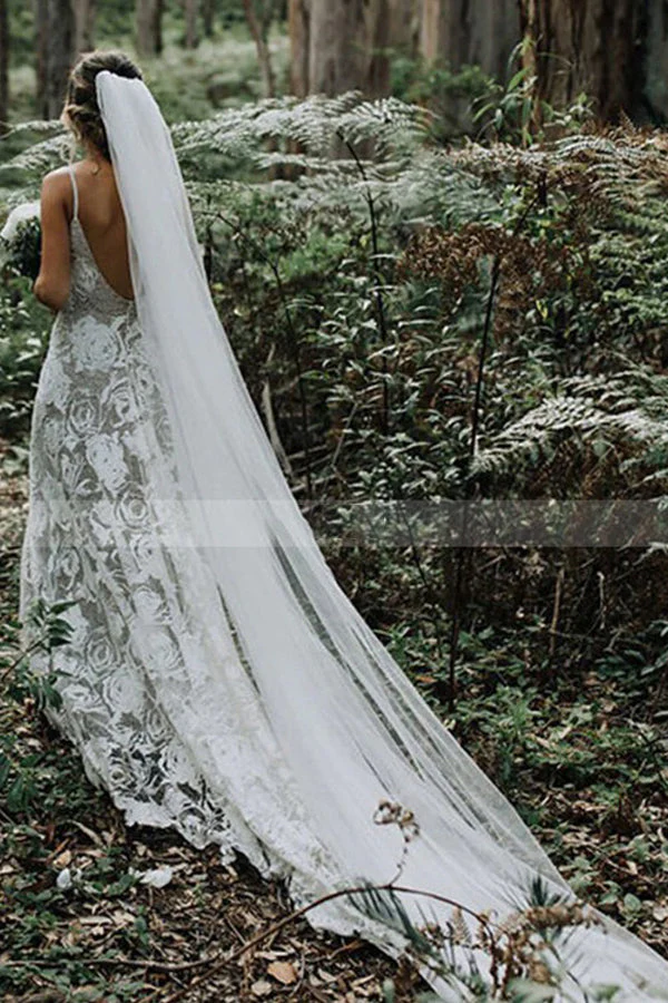 Spaghetti Straps White Floral Lace Simple Wedding Dress - Image 3