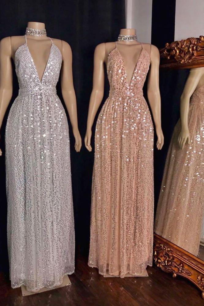 Spaghetti V-neck Polka Sequins Tulle Floor Length Mermaid Prom Dresses - Image 2