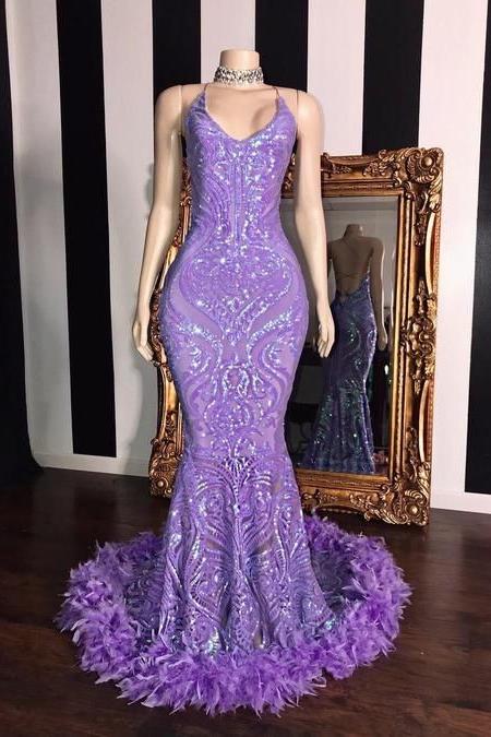 Spaghetti V-neck Sequins Floor Length Fur Train Mermaid Prom Dresses - Image 2