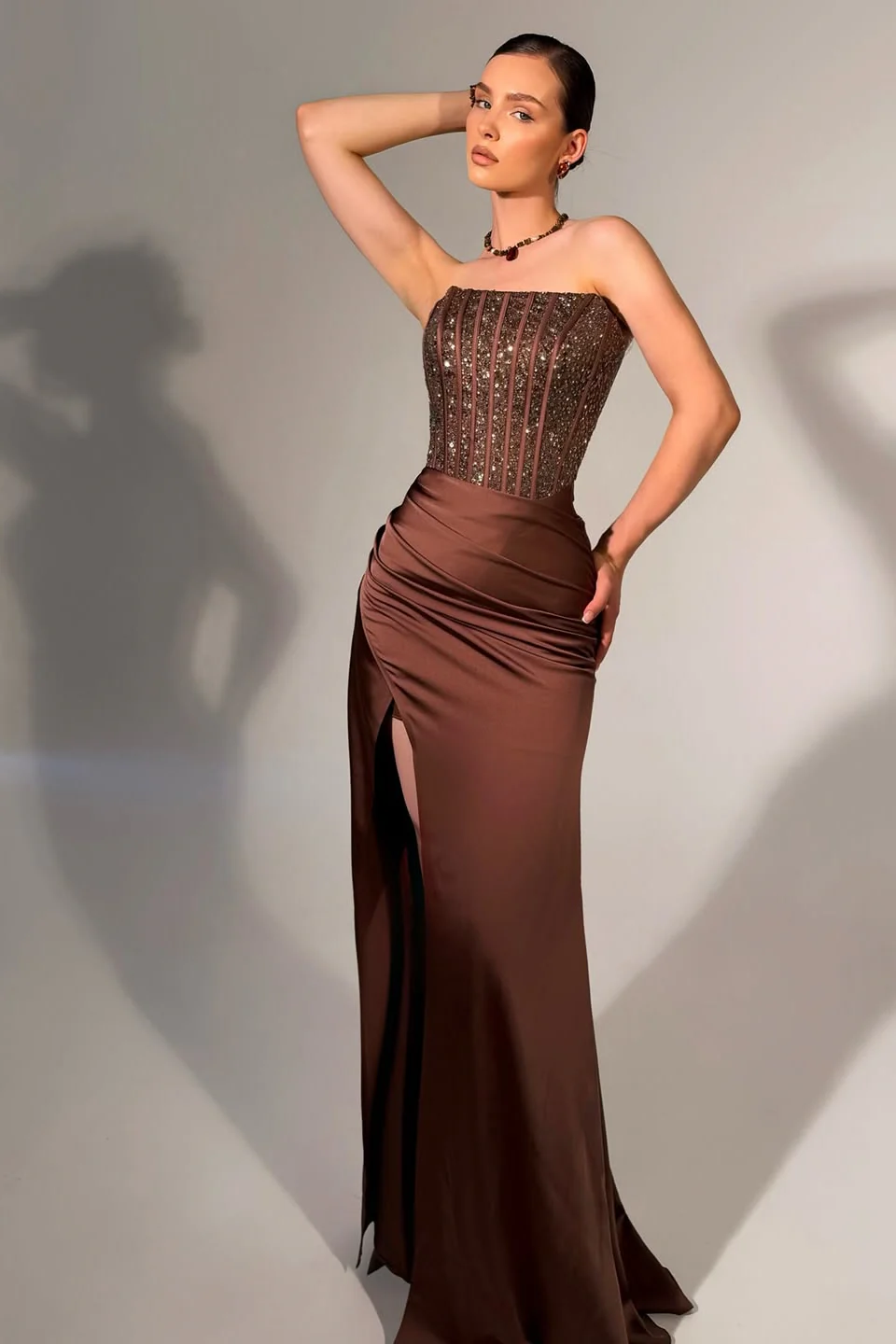 Sparking Chocolate Strapless Mermaid Prom Dresses Sleeveless High Split With Beads - Image 3