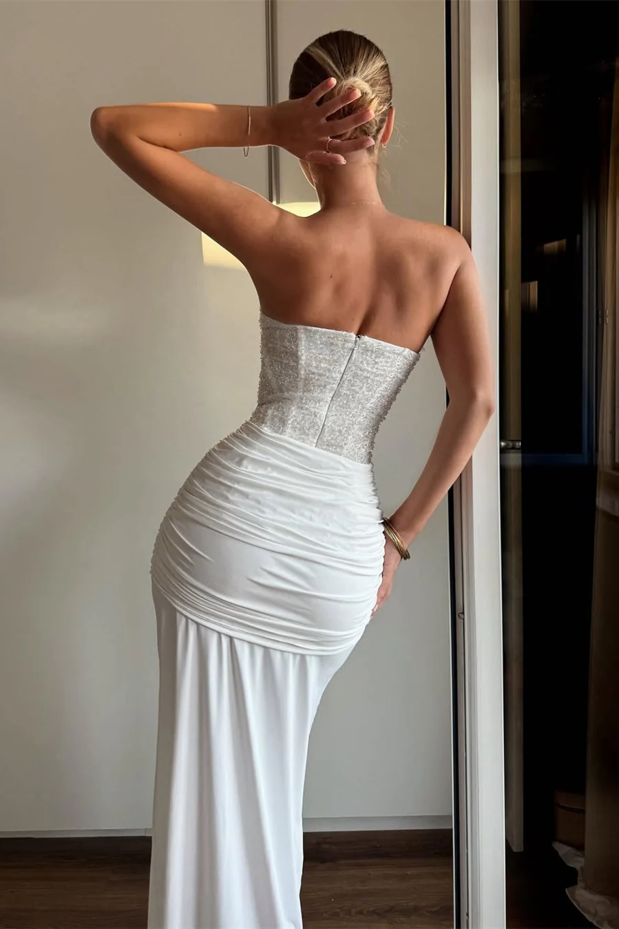 Sparking White Sweetheart Strapless Sleeveless Prom Dress Mermaid Beads Pleats With Zipper - Image 2