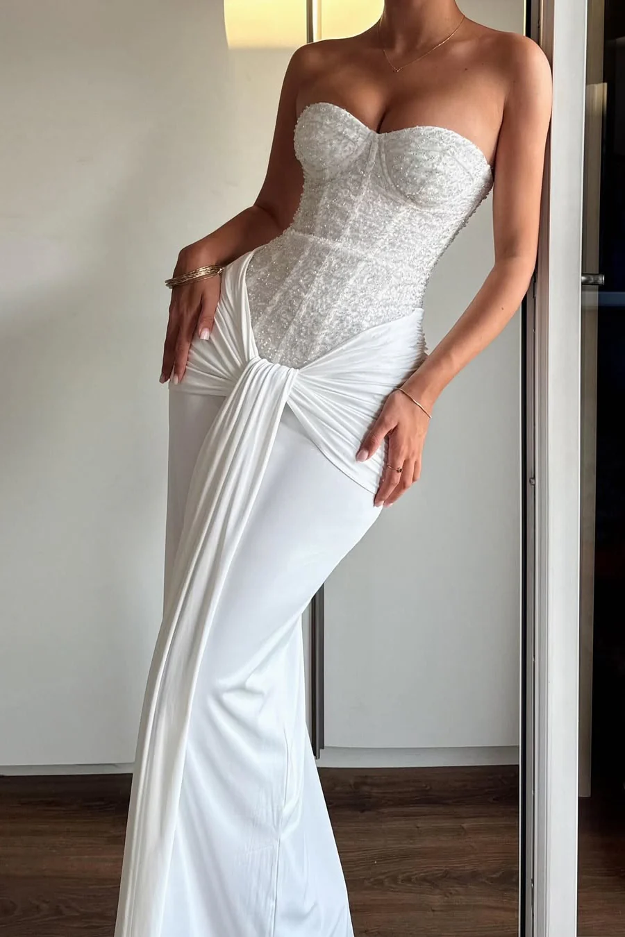 Sparking White Sweetheart Strapless Sleeveless Prom Dress Mermaid Beads Pleats With Zipper - Image 4