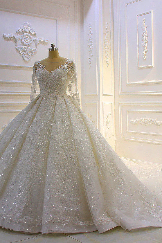 Sparkle 3D Lace Appliques Long Sleevess Church Train Wedding Dress - Image 2