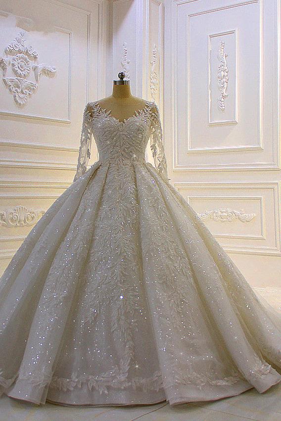 Sparkle 3D Lace Appliques Long Sleevess Church Train Wedding Dress - Image 3