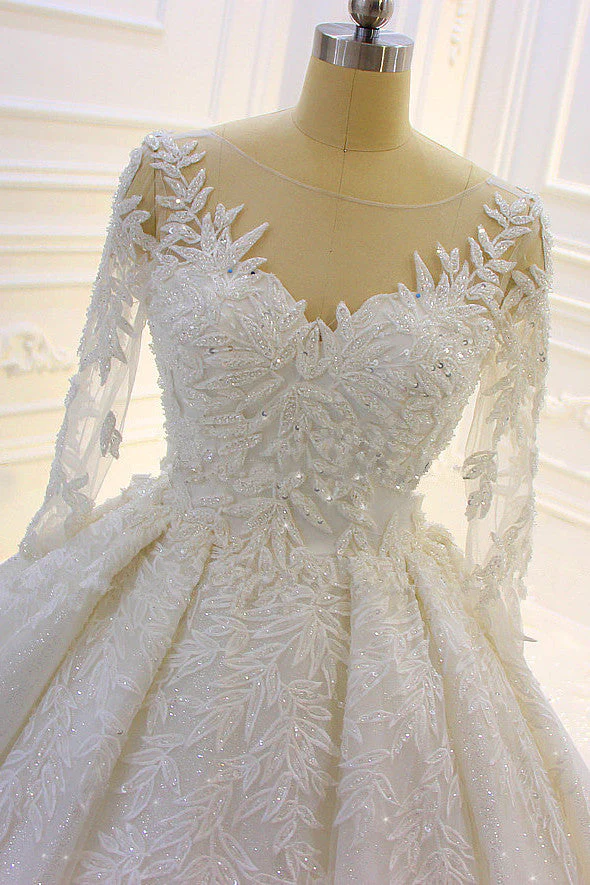 Sparkle 3D Lace Appliques Long Sleevess Church Train Wedding Dress - Image 4