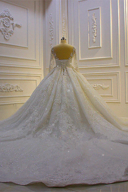 Sparkle 3D Lace Appliques Long Sleevess Church Train Wedding Dress - Image 5