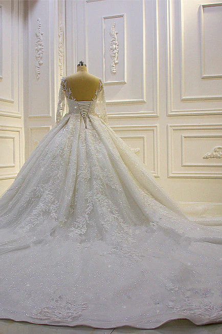 Sparkle 3D Lace Appliques Long Sleevess Church Train Wedding Dress - Image 6