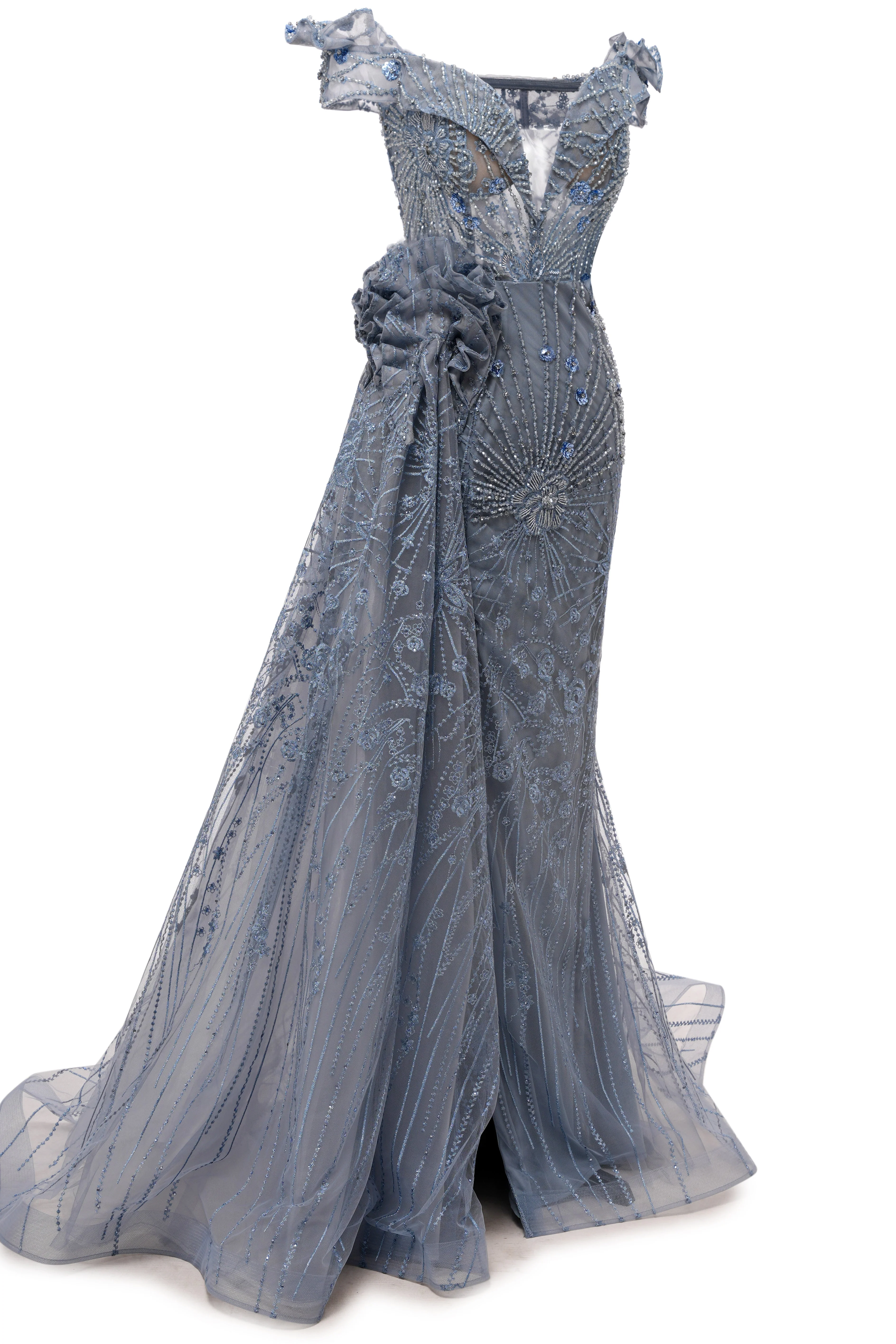 Sparkle Beaded Gray Off the shoulder Flowers  Evening Dresses - Image 4