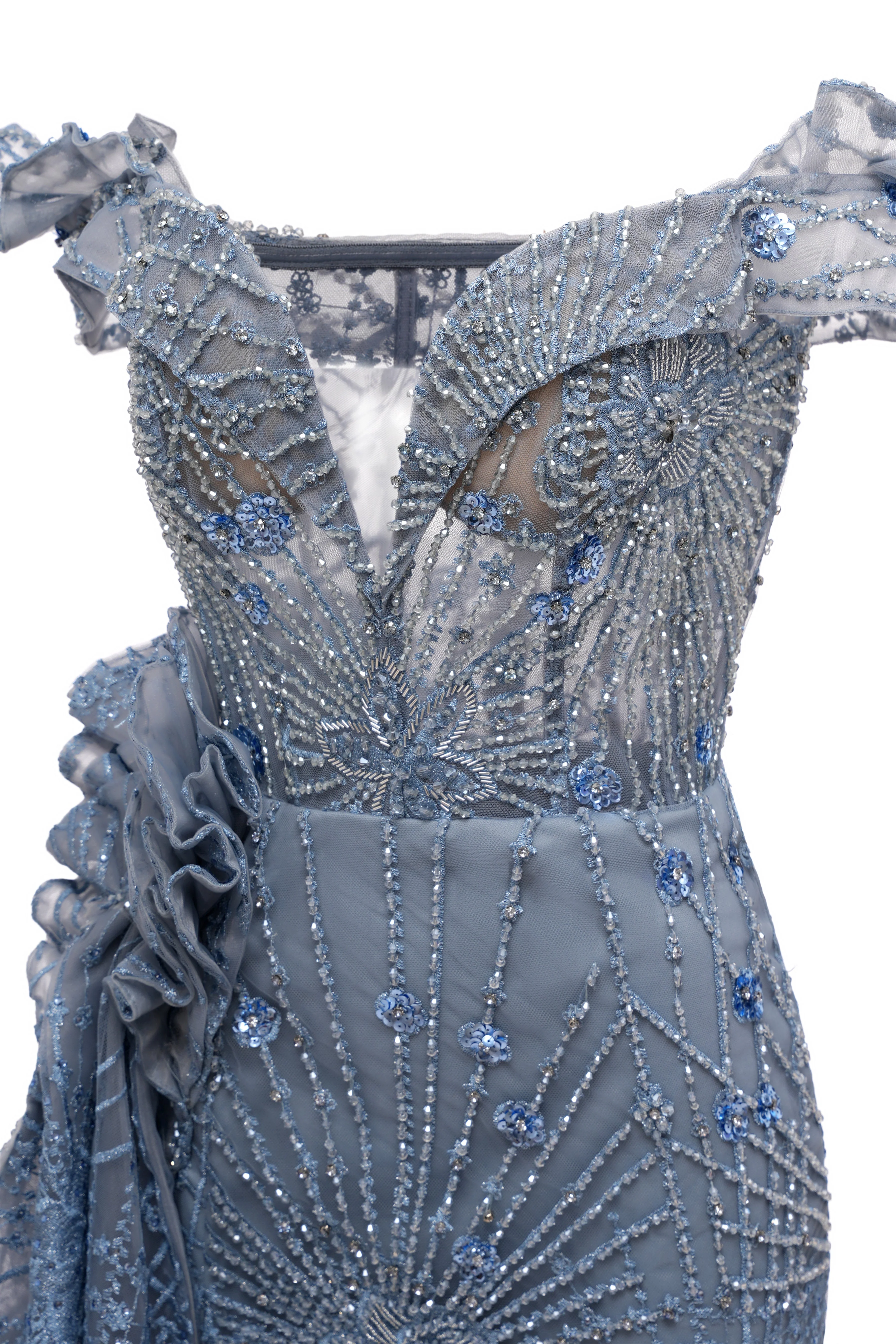Sparkle Beaded Gray Off the shoulder Flowers  Evening Dresses - Image 5
