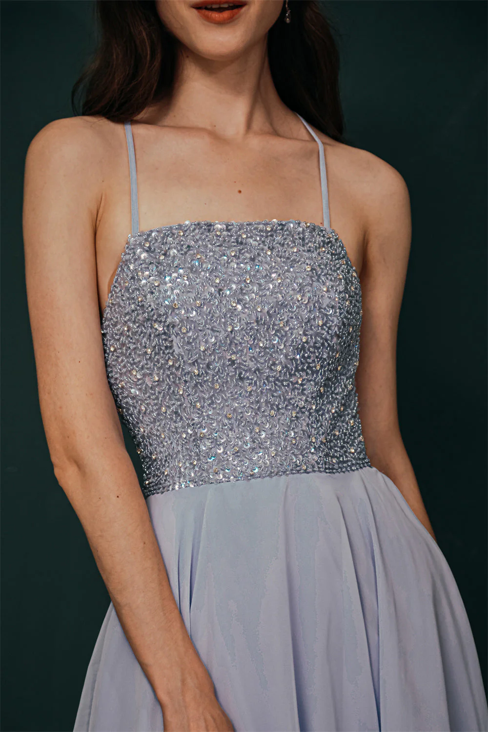 Sparkle Beaded Silver Halter Short Criss-cross Homecoming Dress - Image 3