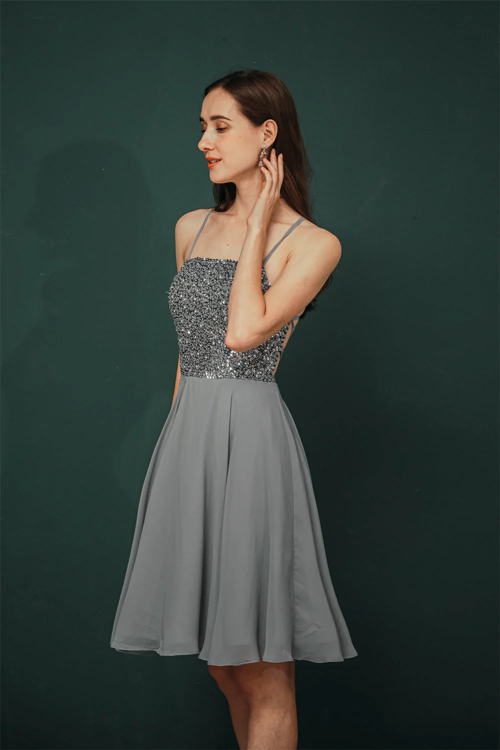 Sparkle Beaded Silver Halter Short Criss-cross Homecoming Dress - Image 8