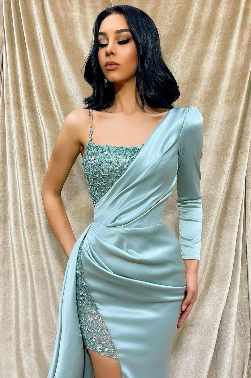 Sparkle Beads One shoulder Long sleeves Sequin High Split Long Prom Dress - Image 2