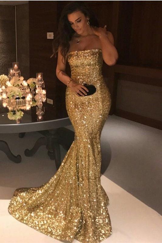 Sparkle Gold Sequins Mermaid Evening Gowns Chic Strapless Prom Dresses - Image 4