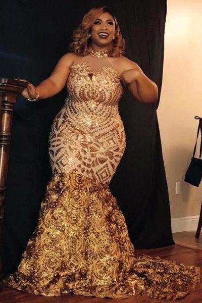 Sparkle Golden Sequined High neck Plus size Mermaid Prom Party Gowns with Flower Train - Image 2