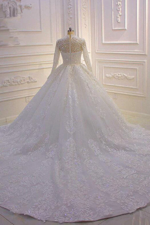 Sparkle Lace Ball Gown High Neck Tull Long Sleevess Wedding Dress - Image 2