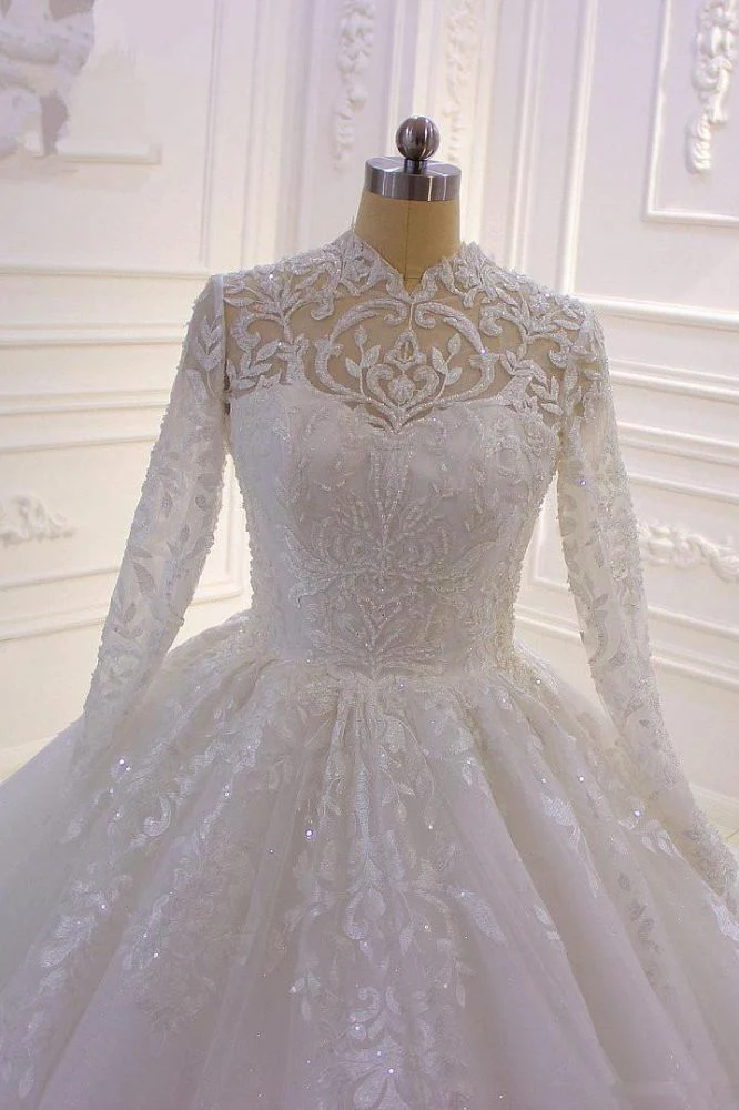 Sparkle Lace Ball Gown High Neck Tull Long Sleevess Wedding Dress - Image 3