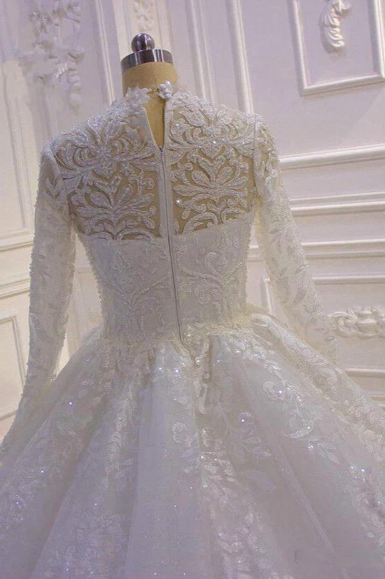 Sparkle Lace Ball Gown High Neck Tull Long Sleevess Wedding Dress - Image 4