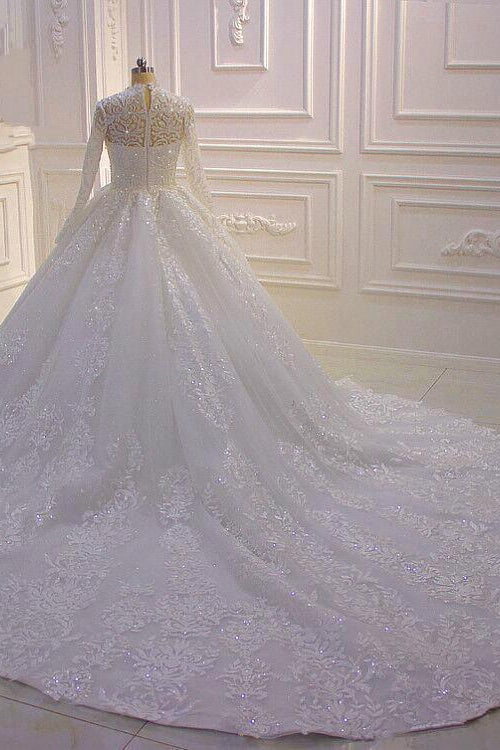 Sparkle Lace Ball Gown High Neck Tull Long Sleevess Wedding Dress - Image 5
