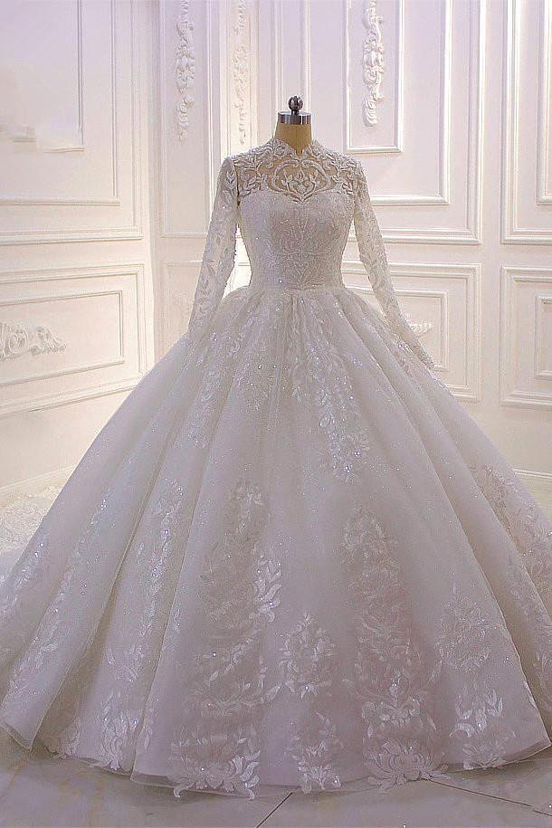 Sparkle Lace Ball Gown High Neck Tull Long Sleevess Wedding Dress - Image 6