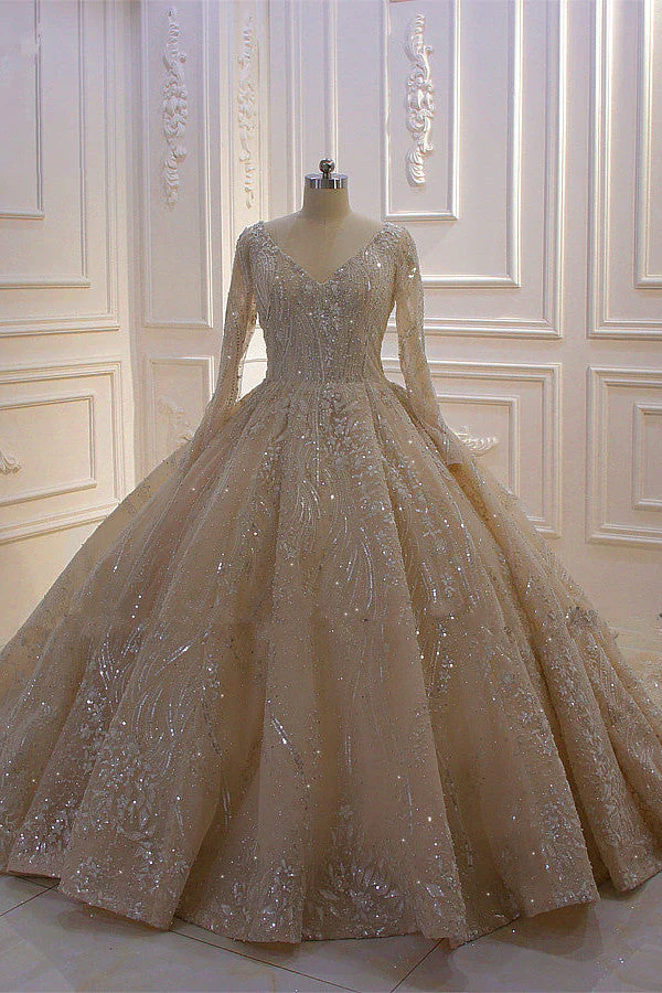 Sparkle Lace Long Sleevess Champange Luxurious corset Wedding Dress - Image 2