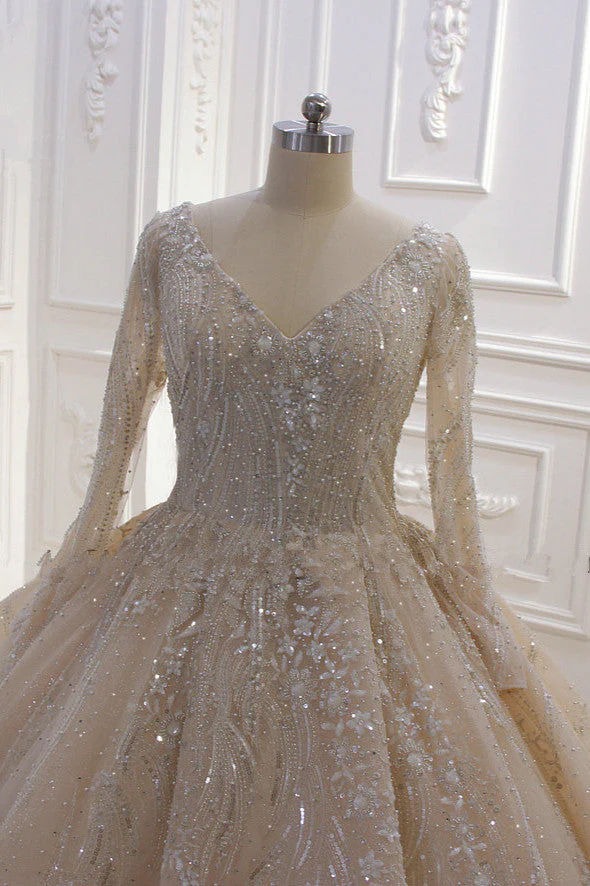 Sparkle Lace Long Sleevess Champange Luxurious corset Wedding Dress - Image 3