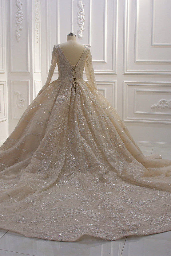 Sparkle Lace Long Sleevess Champange Luxurious corset Wedding Dress - Image 4