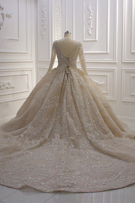 Sparkle Lace Long Sleevess Champange Luxurious corset Wedding Dress - Image 5